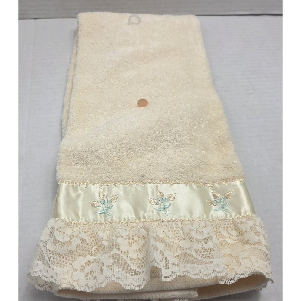 Vintage Y2K Champagne Hand Towel 28" Embroidered Floral Satin Trim Lace NOS